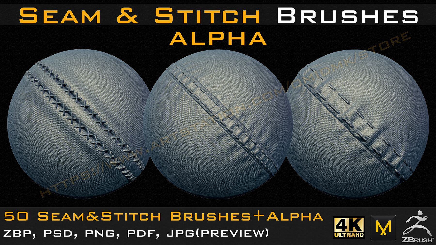 50 Seam & Stitch Brushes & Alpha (Tileable 4k-16bit) Vol.02