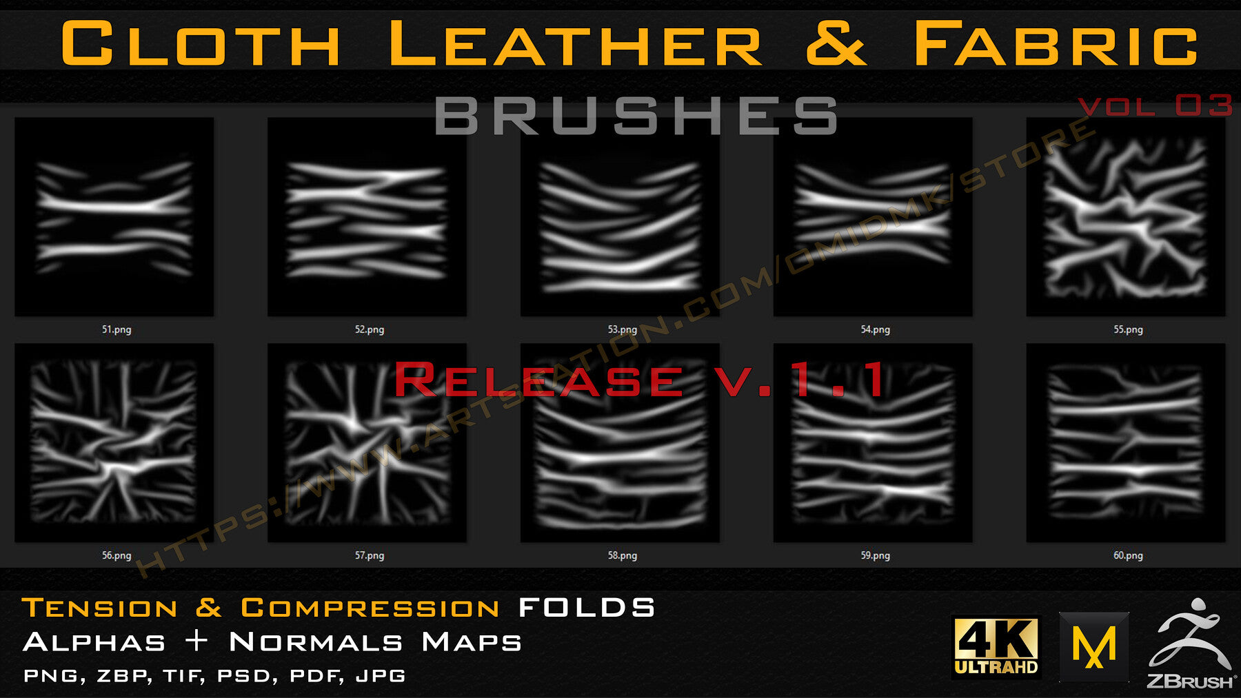 50 +10 cloth Leather & Fabric Brushes (4k) Tension & Compression Folds- Alpha + Normal Maps ( Vol.03 )