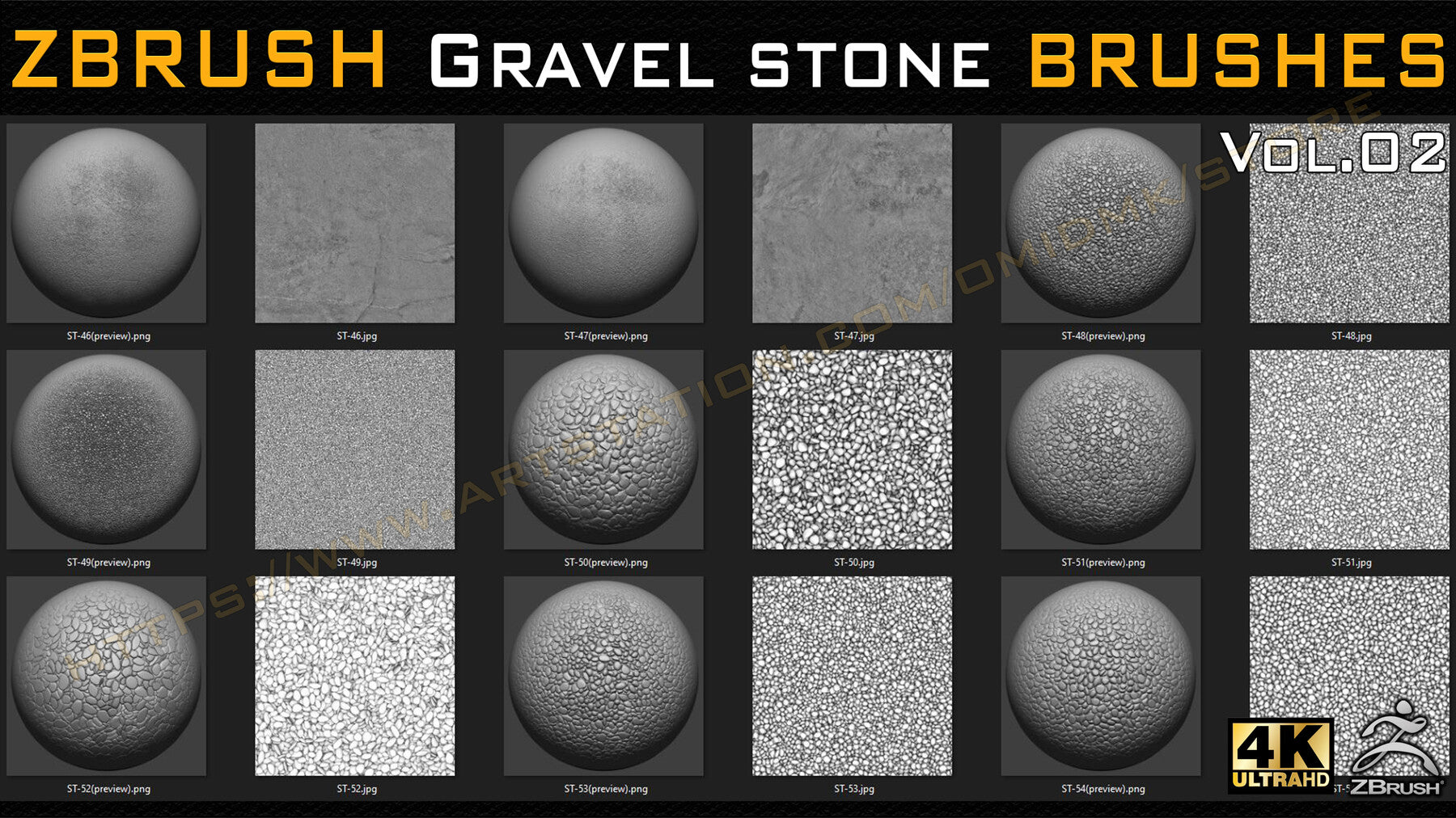 55 VDM + STANDARD BRUSH GRAVEL STONE BRUSHES +55 ALPHA/HEIGHT MAPS HIGH QUALITY (4K) -VOL.02