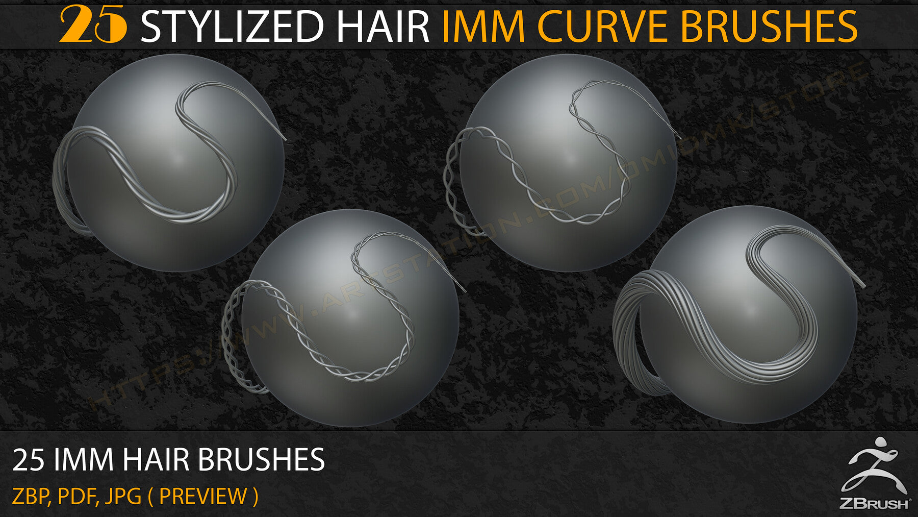 25 Stylized Hair IMM Curve Brushes ( V-01)