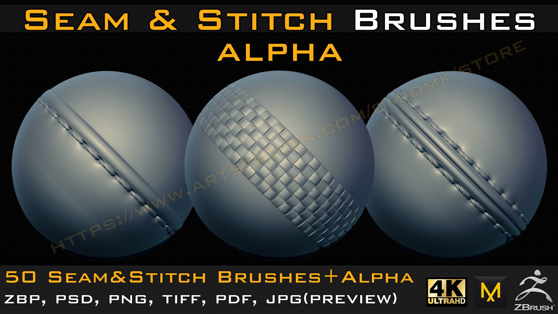 50 Seam & Stitch Brushes & Alpha (Tileable 4k-16bit) Vol.04