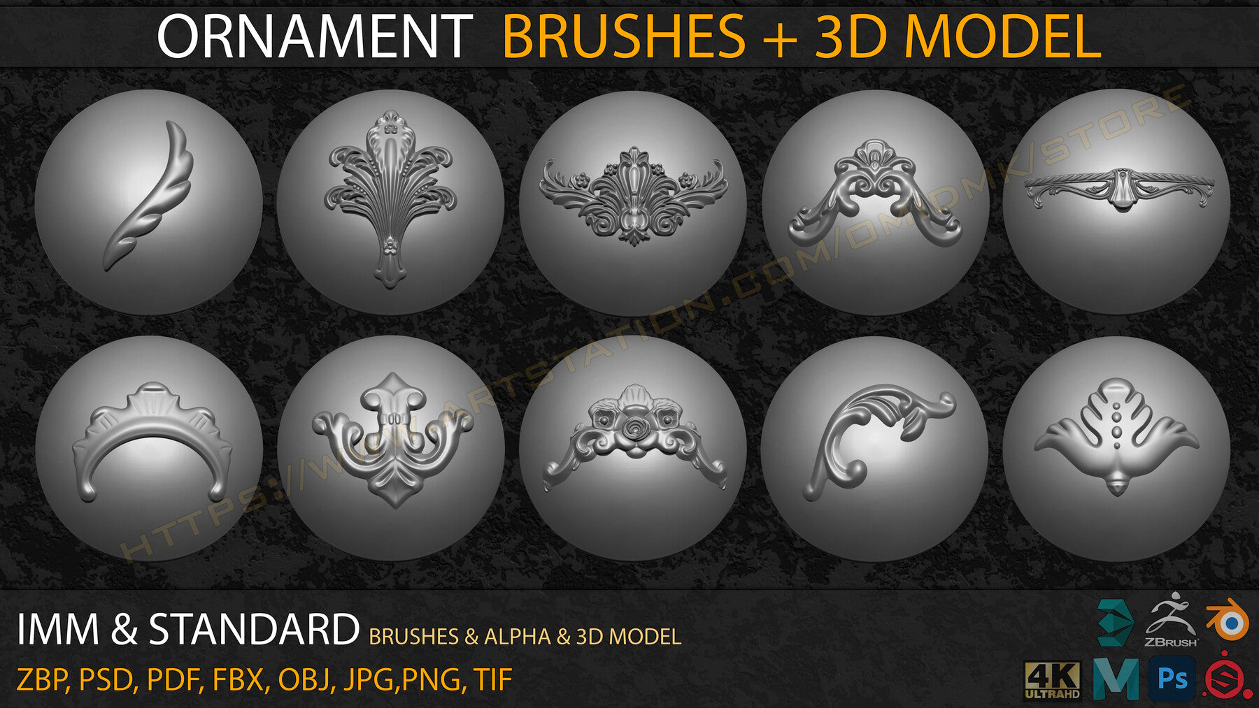 Ornament IMM & Standard Brushes+3D model+ Alpha 4K (V.04)