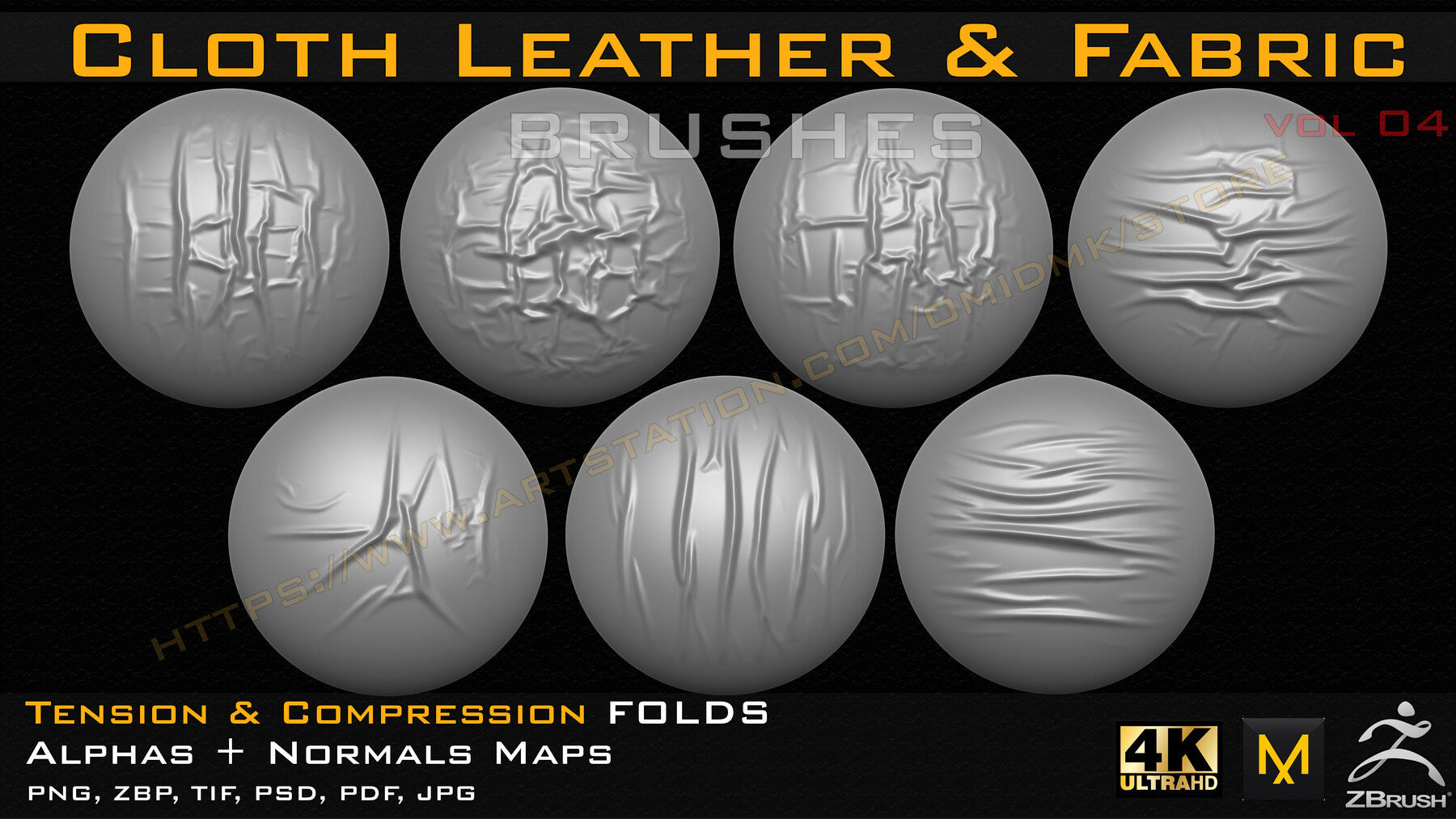 50 cloth Leather & Fabric Brushes (4k) Tension & Compression Folds- Alpha + Normal Maps ( Vol.04 )