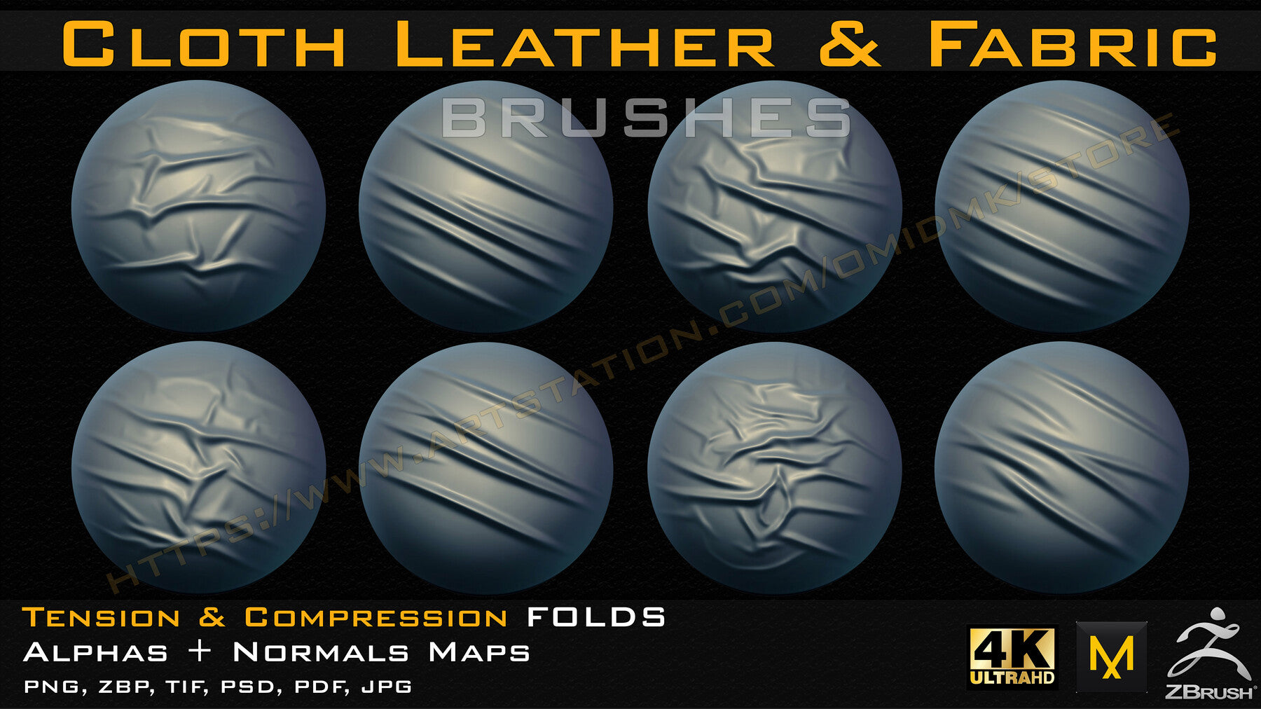 50 cloth Leather & Fabric Brushes (4k) Tension & Compression Folds- Alpha + Normal Maps V-02