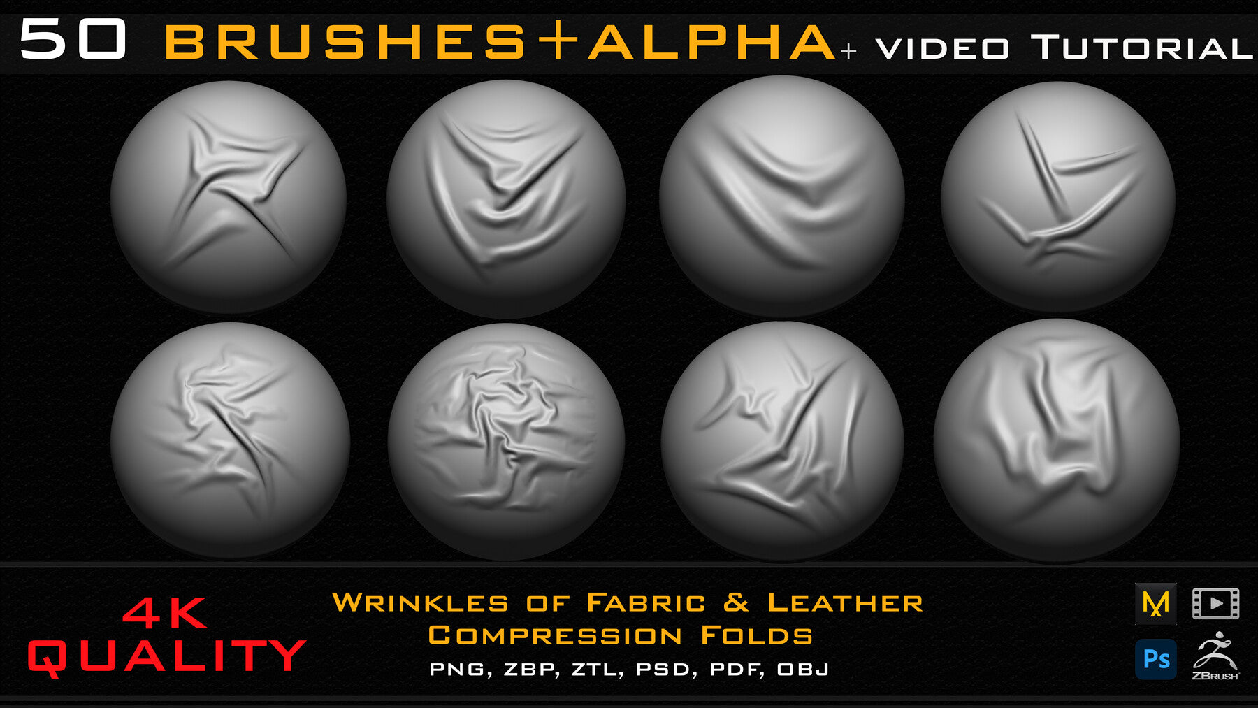 50 ZBrush Brush + Alpha (4K ) ,Fabric and Leather Compression Folds- Vol 02