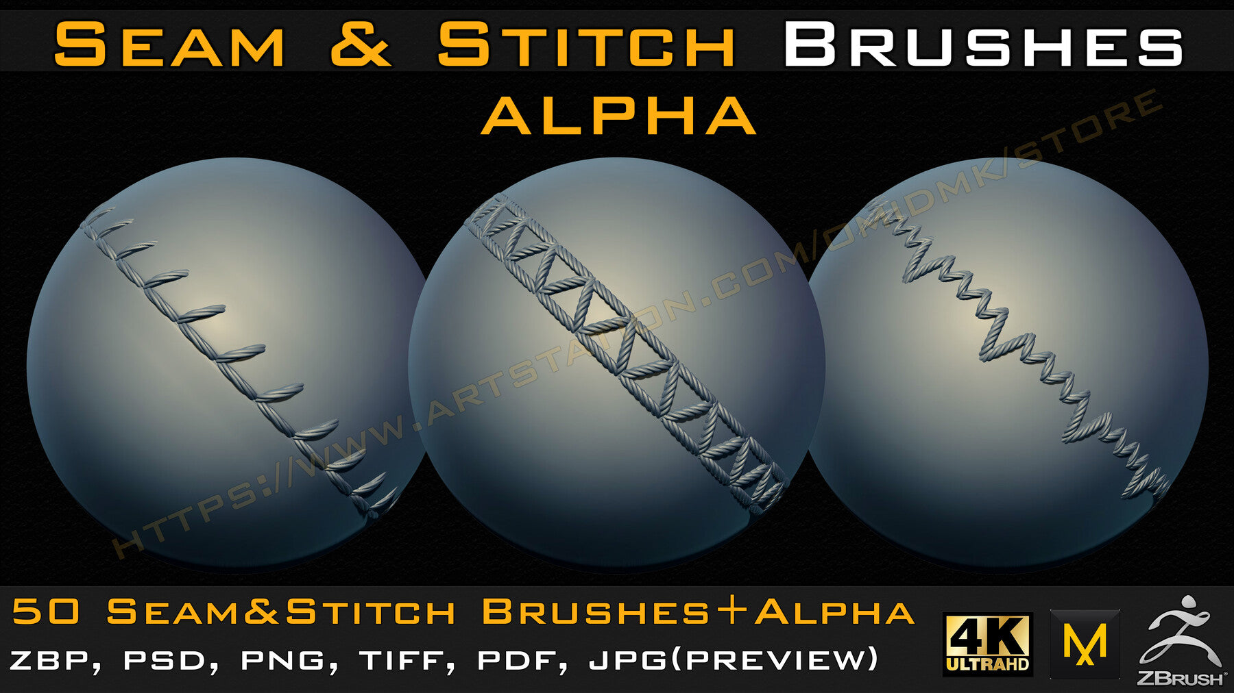 50 Seam & Stitch Brushes & Alpha (Tileable 4k-16bit) Vol.03