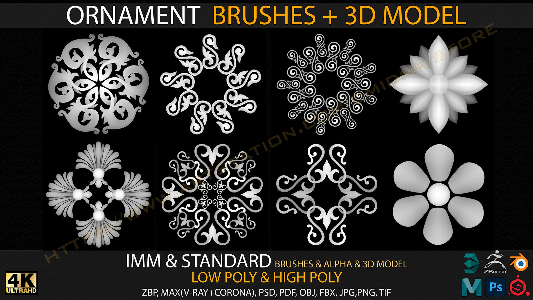 Ornament IMM & Standard Brushes+3D model+ Alpha 4K (V.02)