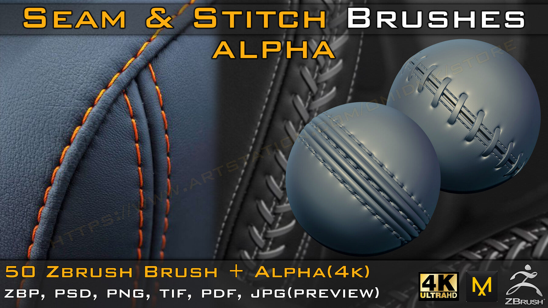 50 Seam & Stitch Brushes & Alpha (Tileable 4k-16bit) Vol.04