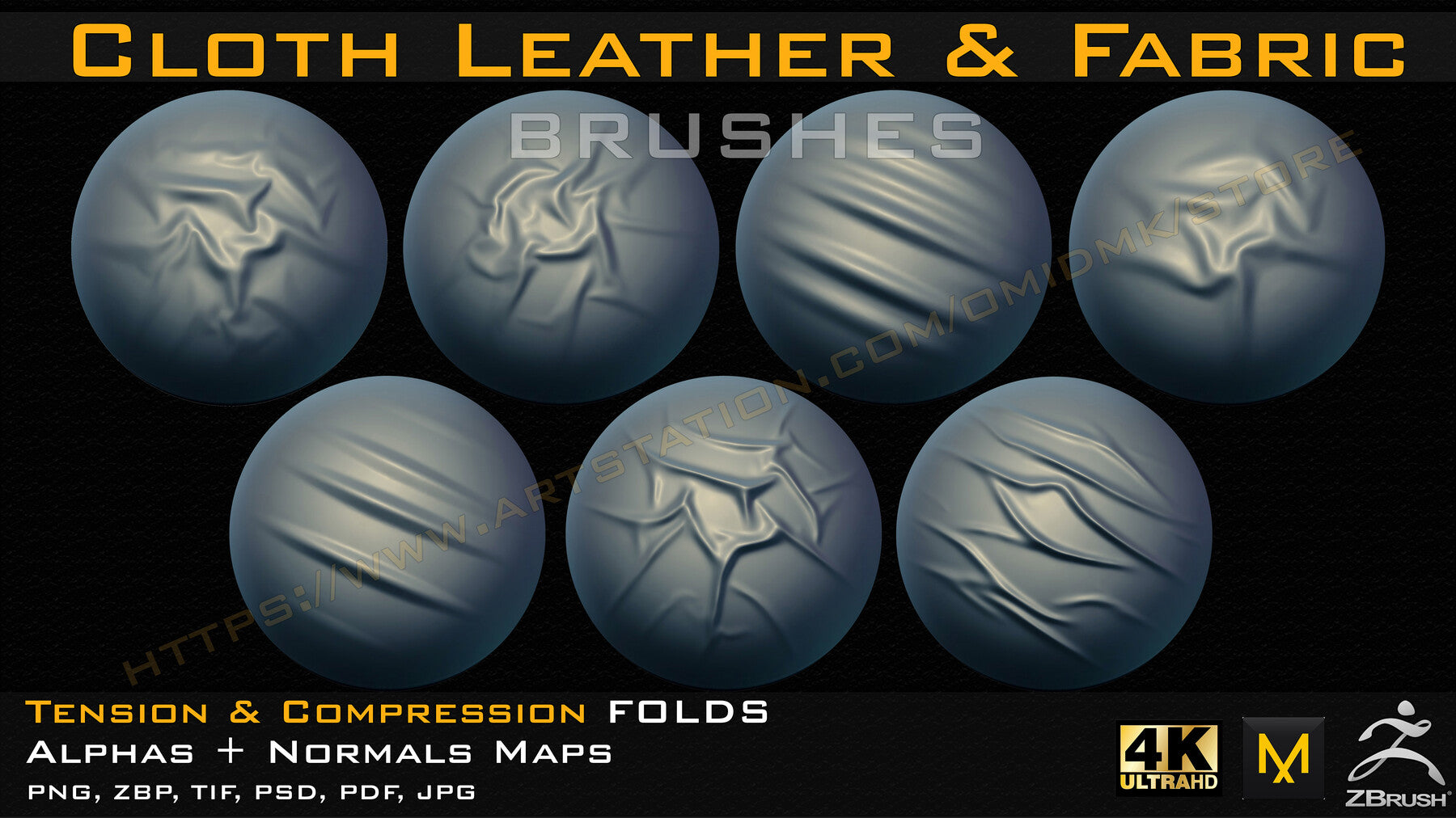 50 cloth Leather & Fabric Brushes (4k) Tension & Compression Folds- Alpha + Normal Maps V-02