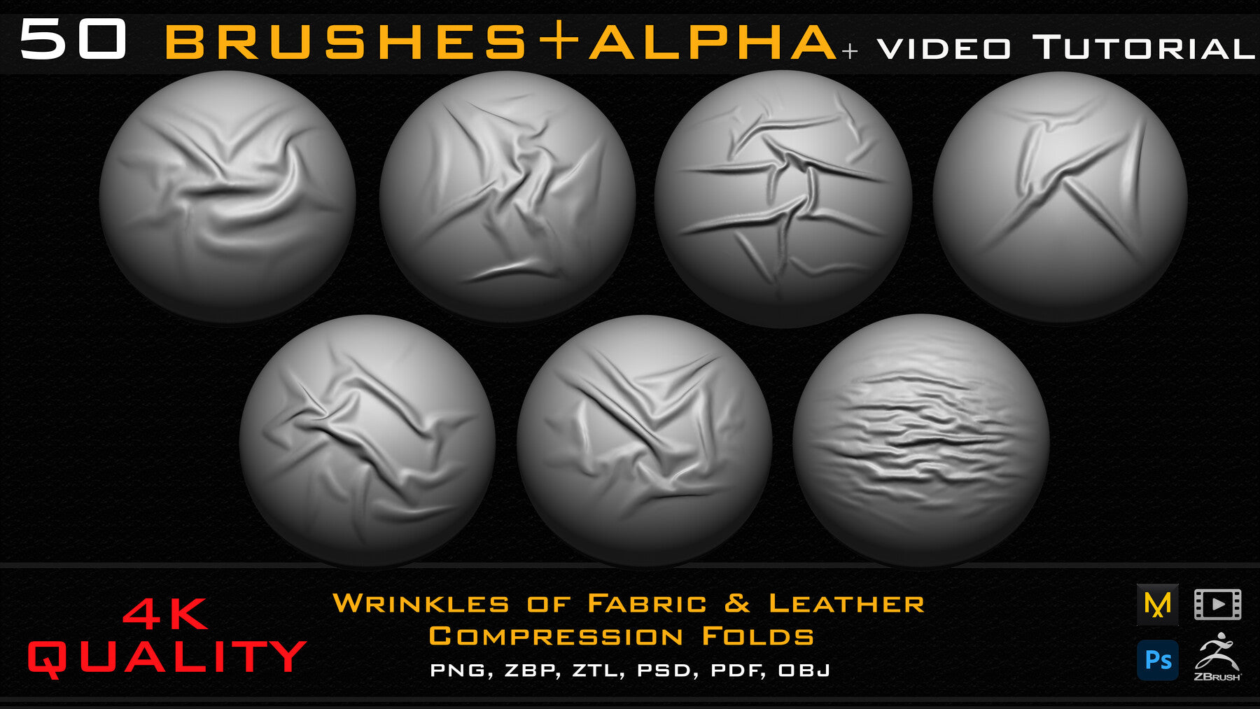 50 ZBrush Brush + Alpha (4K ) ,Fabric and Leather Compression Folds- Vol 02