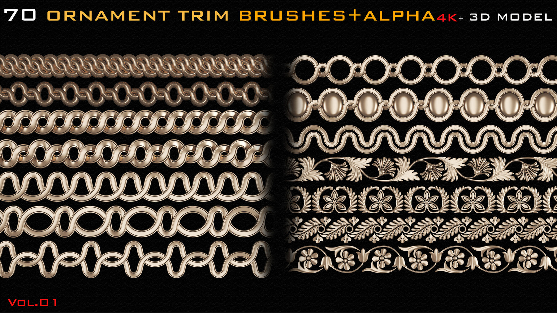 70 Ornament Trim Brushes+3D Model+ Alpha (4k)-Vol 01