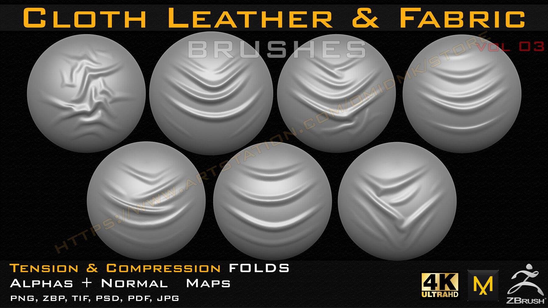 50 +10 cloth Leather & Fabric Brushes (4k) Tension & Compression Folds- Alpha + Normal Maps ( Vol.03 )