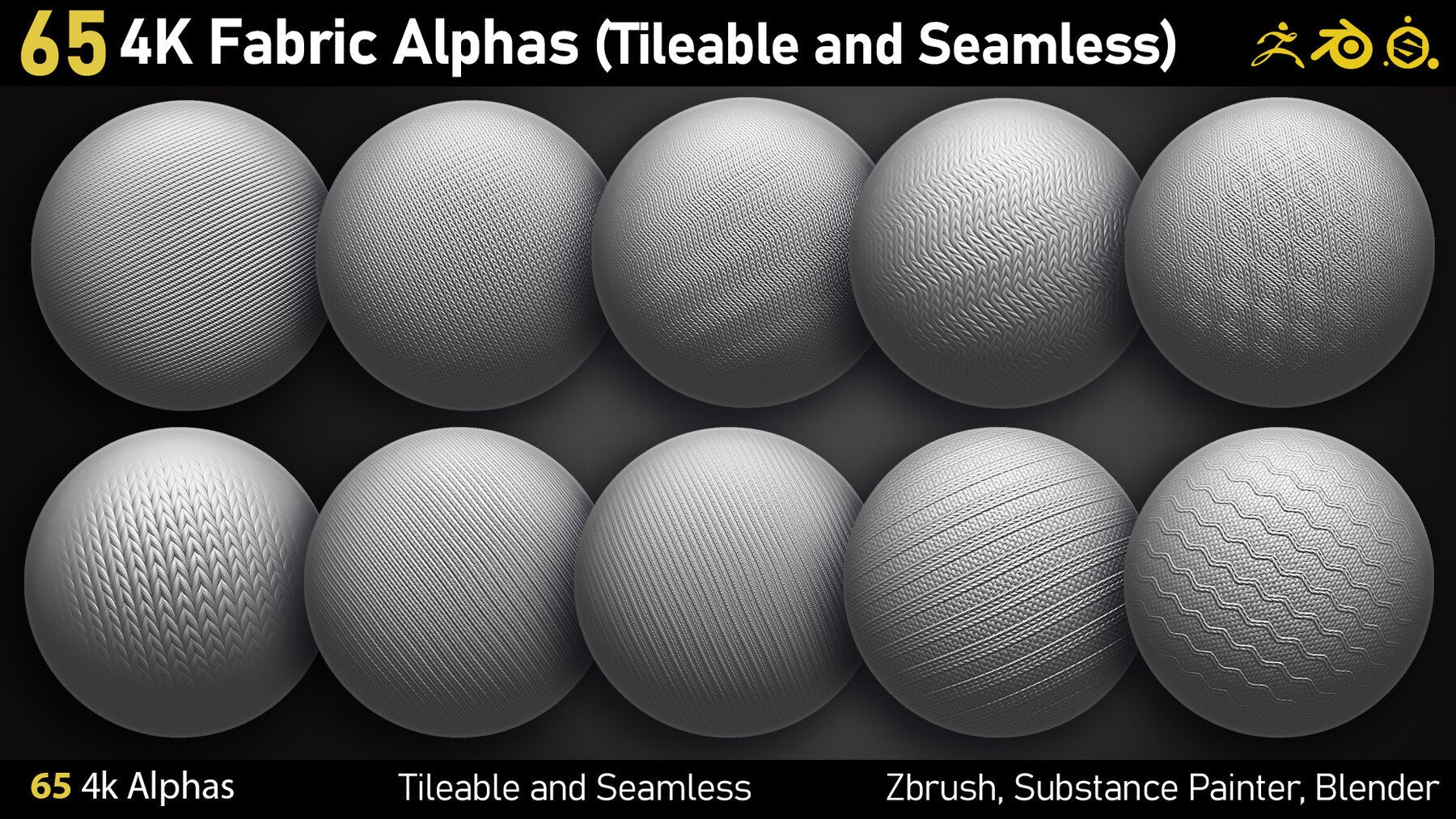 65 4K Fabric Alphas(Tileable) PNG-Zbrush-Substance Painter-Blender-Photoshop