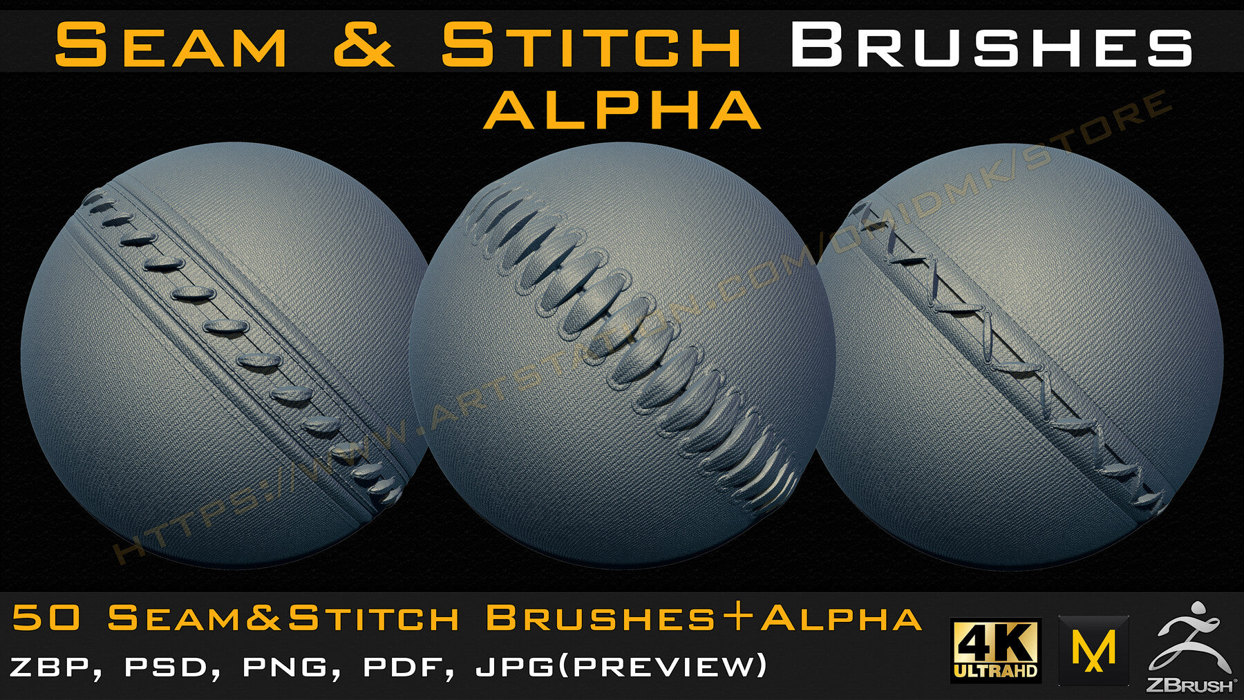 50 Seam & Stitch Brushes & Alpha (Tileable 4k-16bit) Vol.02