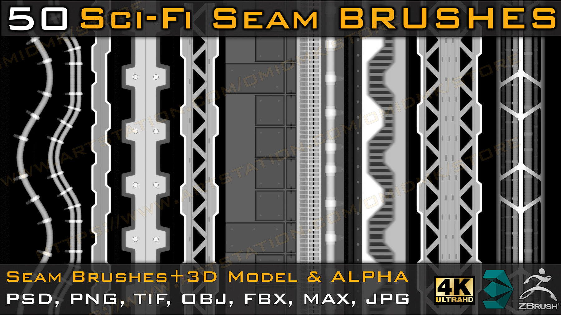 50 Sci-fi Seam Brushes+3D Model & Alpha ( Tileable 4k-16bit) Vol.02