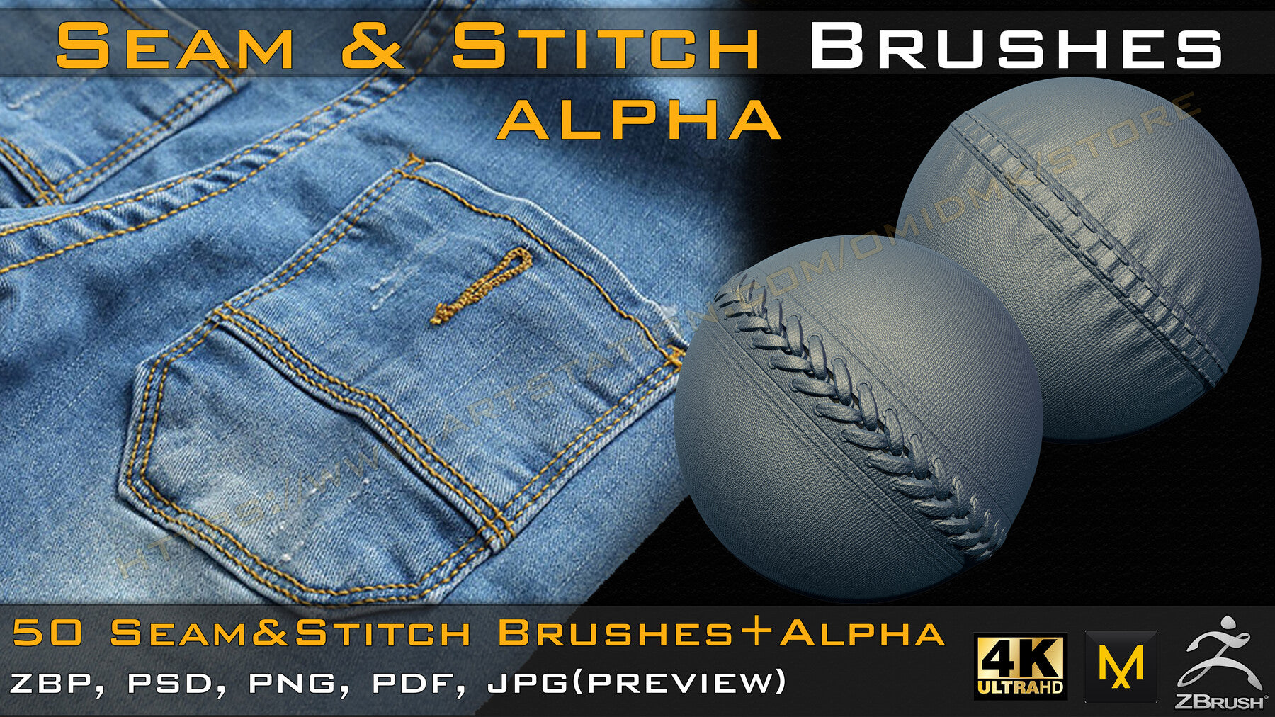 50 Seam & Stitch Brushes & Alpha (Tileable 4k-16bit) Vol.02