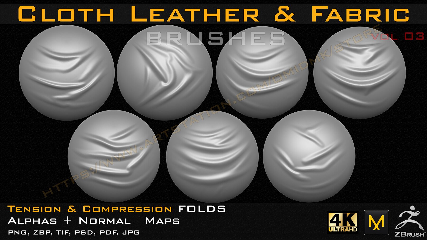 50 +10 cloth Leather & Fabric Brushes (4k) Tension & Compression Folds- Alpha + Normal Maps ( Vol.03 )