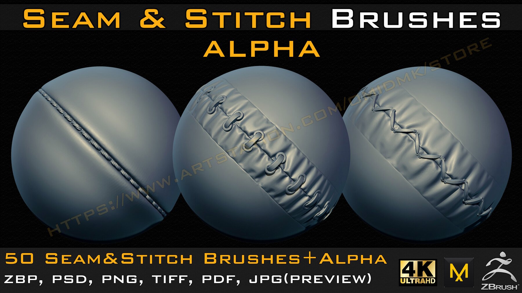 50 Seam & Stitch Brushes & Alpha (Tileable 4k-16bit) Vol.04