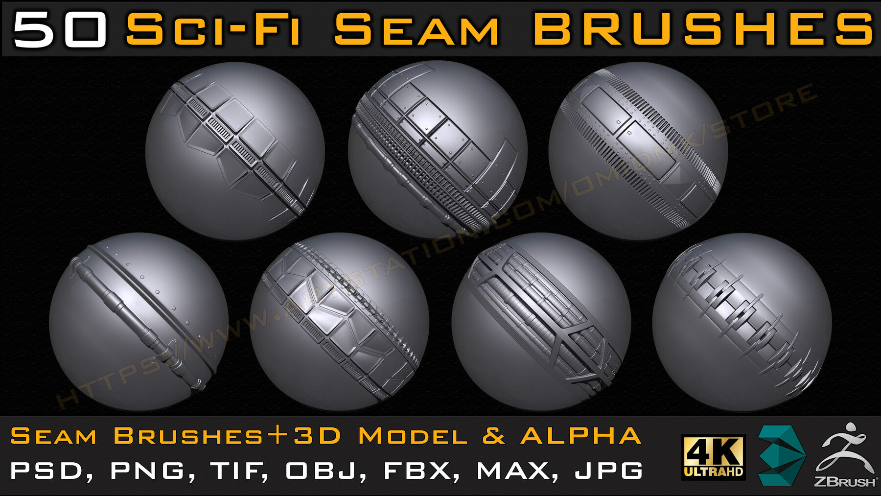 50 Sci-fi Seam Brushes+3D Model & Alpha ( Tileable 4k-16bit) Vol.02