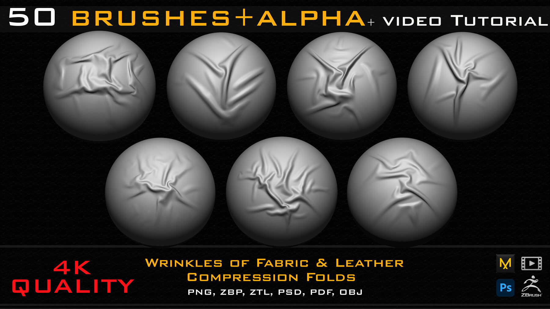 50 ZBrush Brush + Alpha (4K ) ,Fabric and Leather Compression Folds- Vol 02