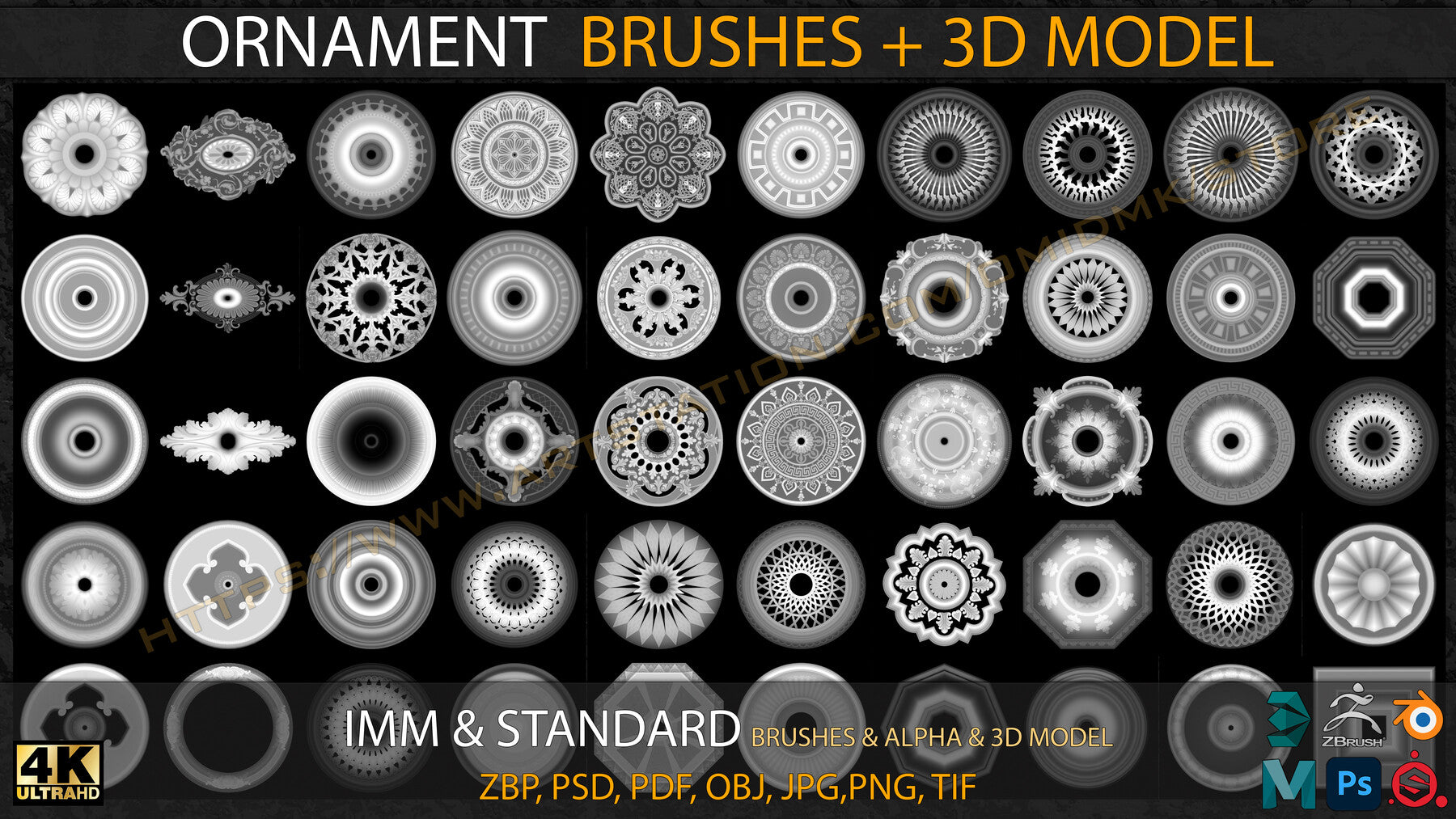 Ornament IMM & Standard Brushes+3D model+ Alpha 4K (V.03)