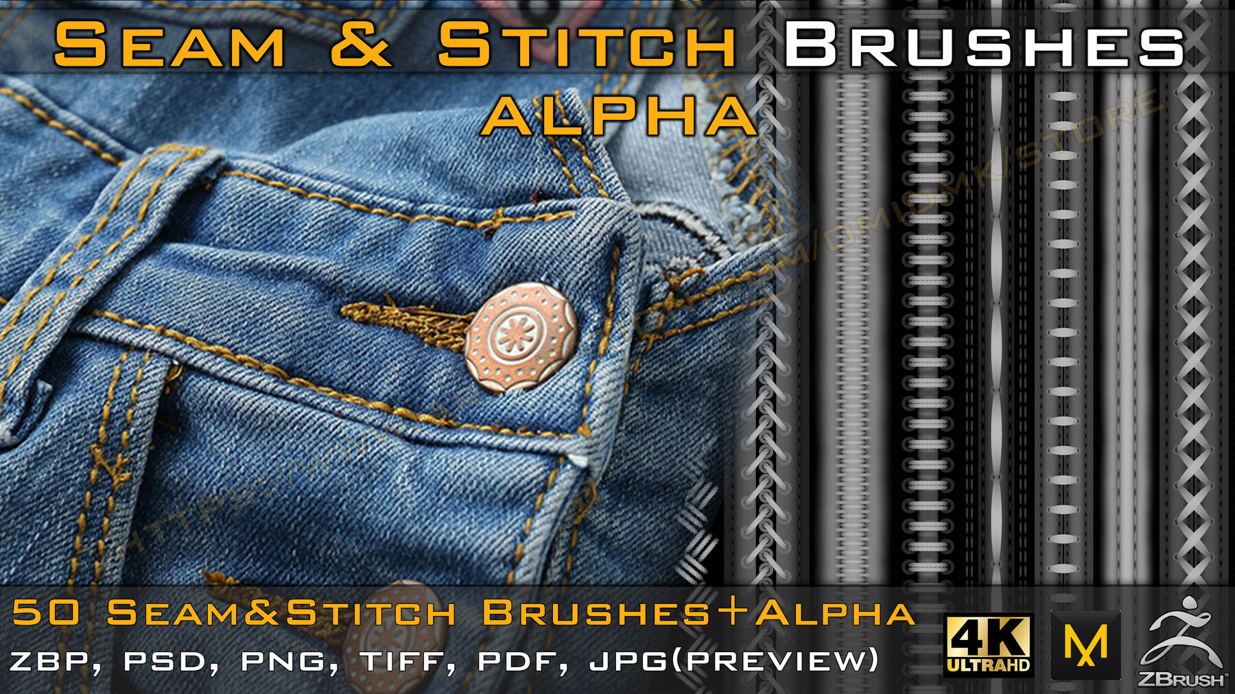 50 Seam & Stitch Brushes & Alpha (Tileable 4k-16bit) Vol.03