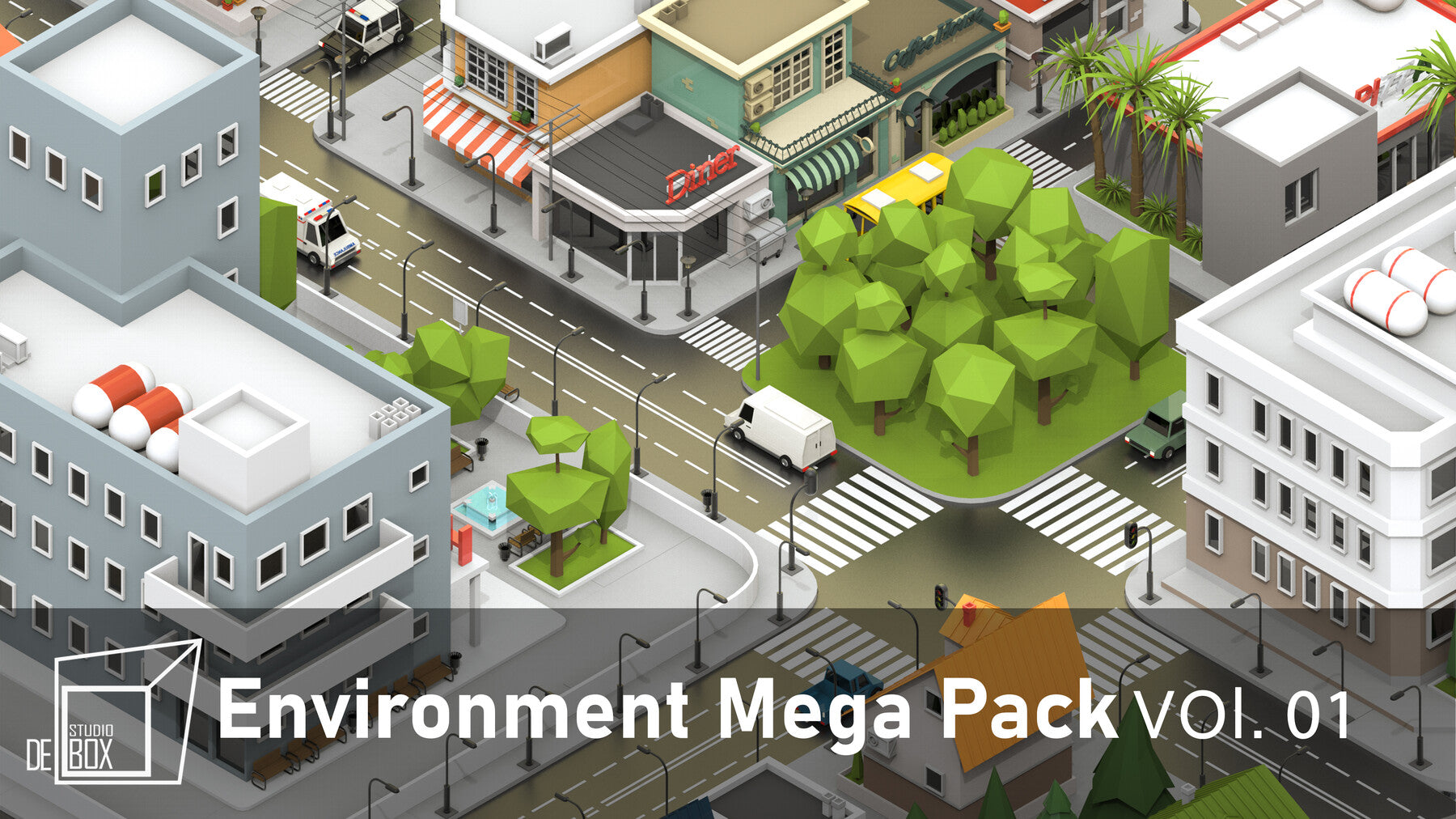 Low poly City maker-Buildings-Trees-Vehicles-Street-furniture-Vol.01