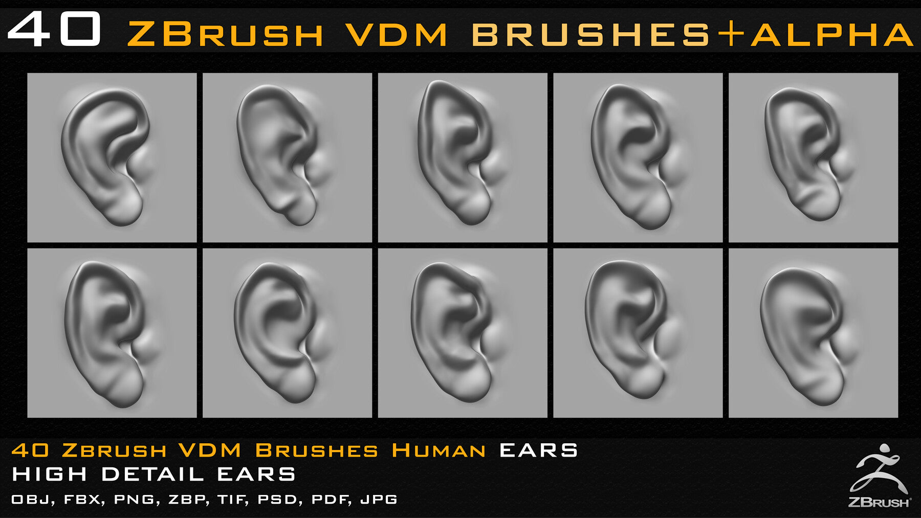 40 Zbrush VDM Human Ears Brushes + Alpha + FBX + OBJ