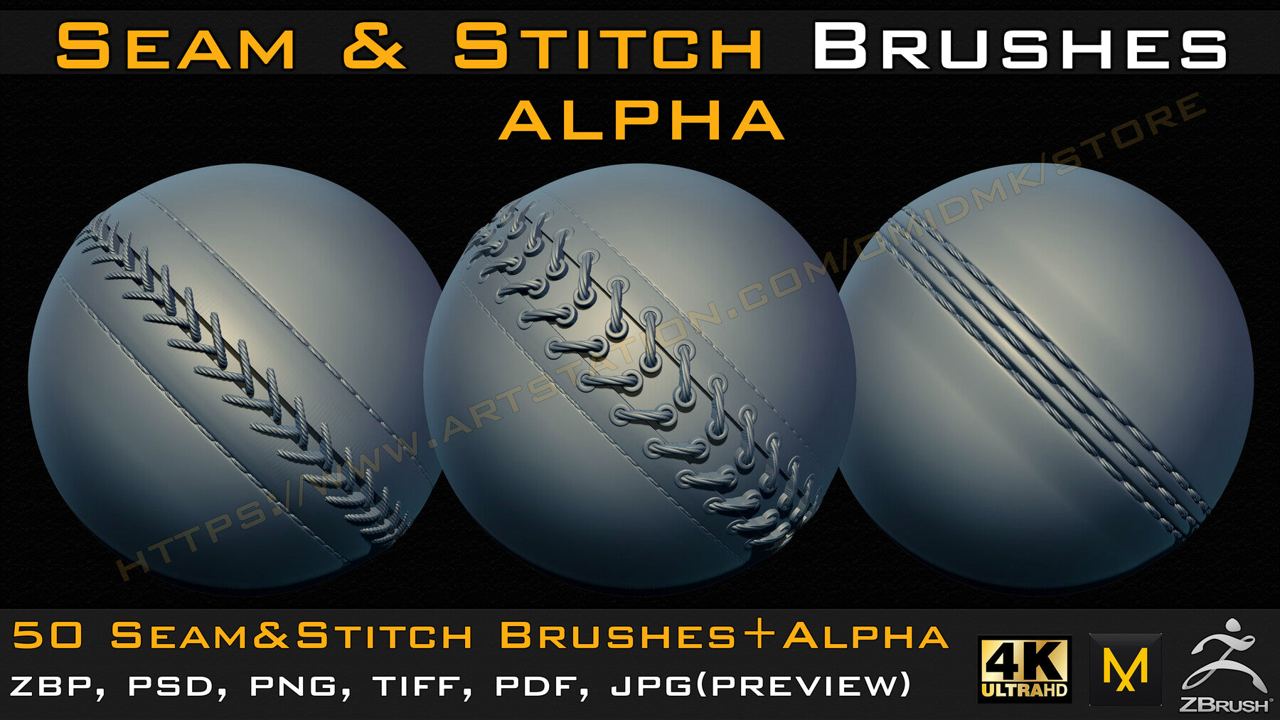 50 Seam & Stitch Brushes & Alpha (Tileable 4k-16bit) Vol.03