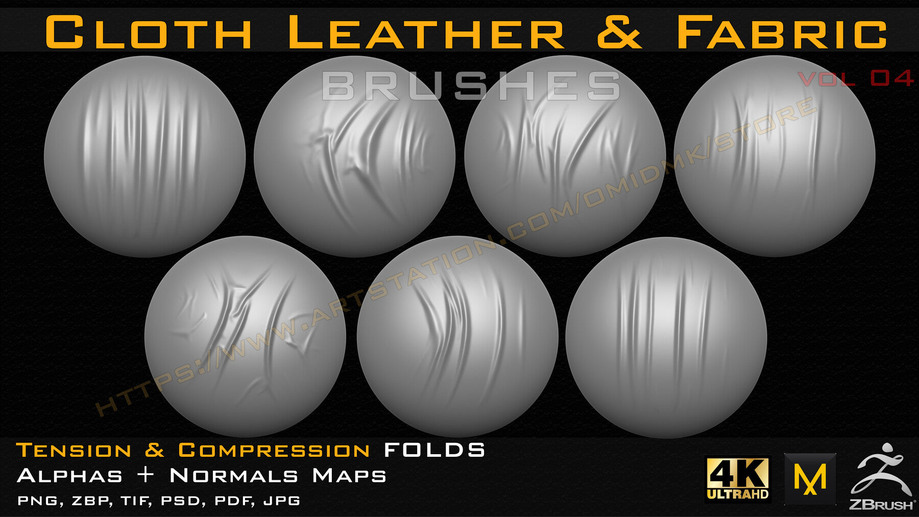 50 cloth Leather & Fabric Brushes (4k) Tension & Compression Folds- Alpha + Normal Maps ( Vol.04 )