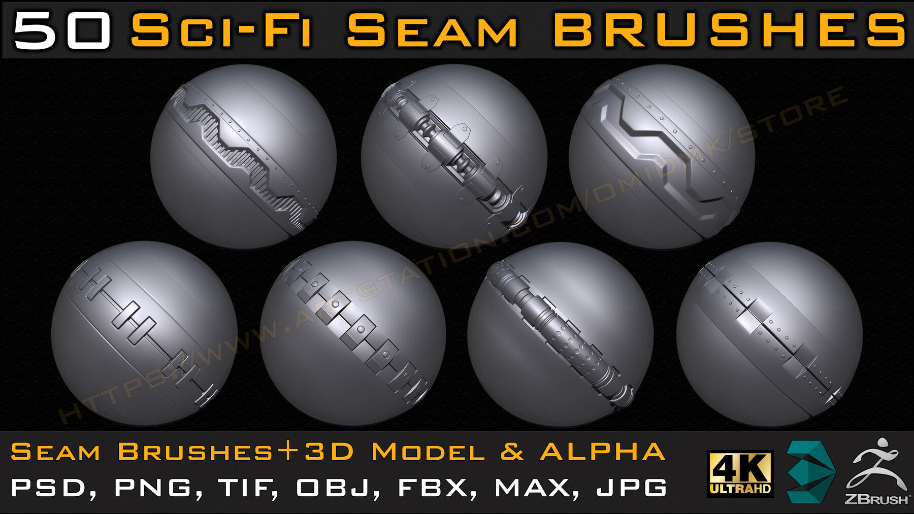 50 Sci-fi Seam Brushes+3D Model & Alpha ( Tileable 4k-16bit) Vol.02