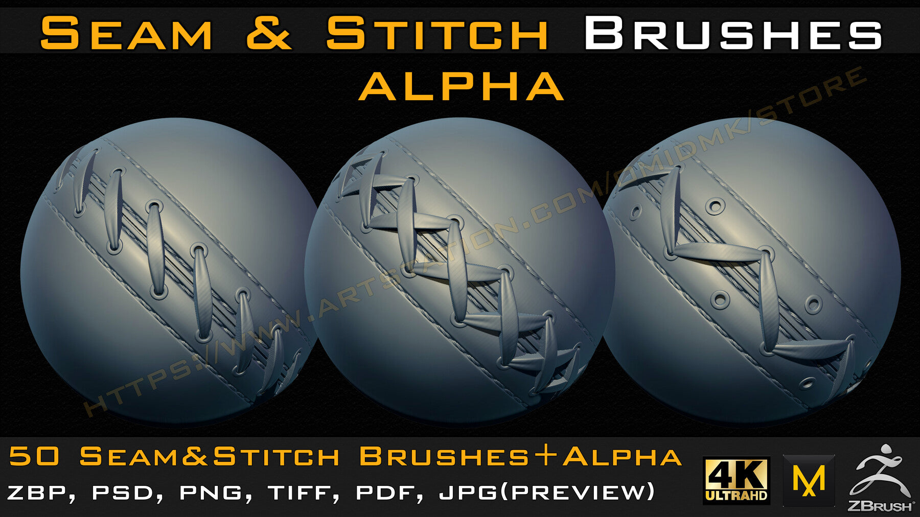 50 Seam & Stitch Brushes & Alpha (Tileable 4k-16bit) Vol.03