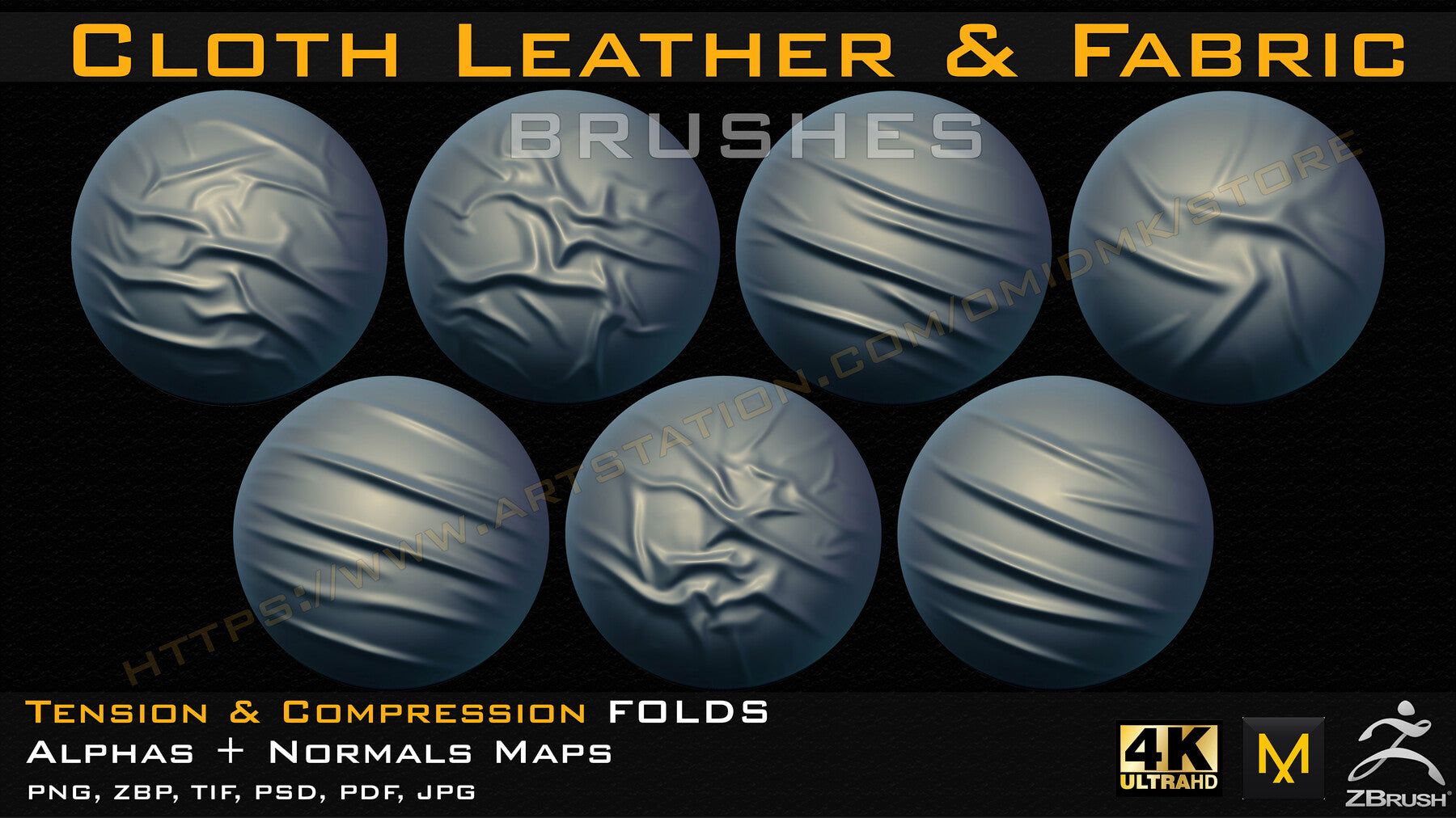 50 cloth Leather & Fabric Brushes (4k) Tension & Compression Folds- Alpha + Normal Maps V-02