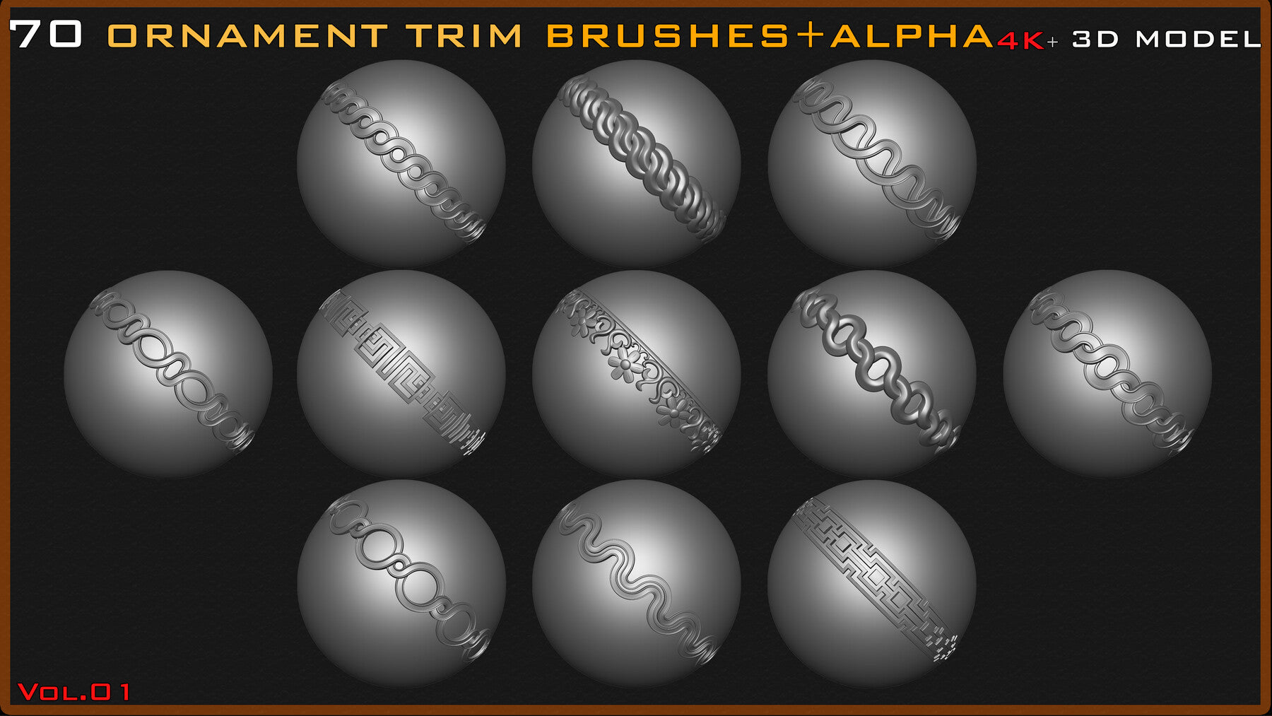 70 Ornament Trim Brushes+3D Model+ Alpha (4k)-Vol 01