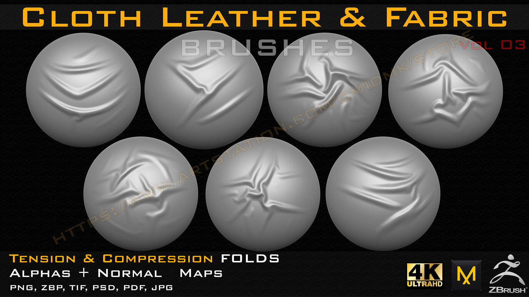 50 +10 cloth Leather & Fabric Brushes (4k) Tension & Compression Folds- Alpha + Normal Maps ( Vol.03 )