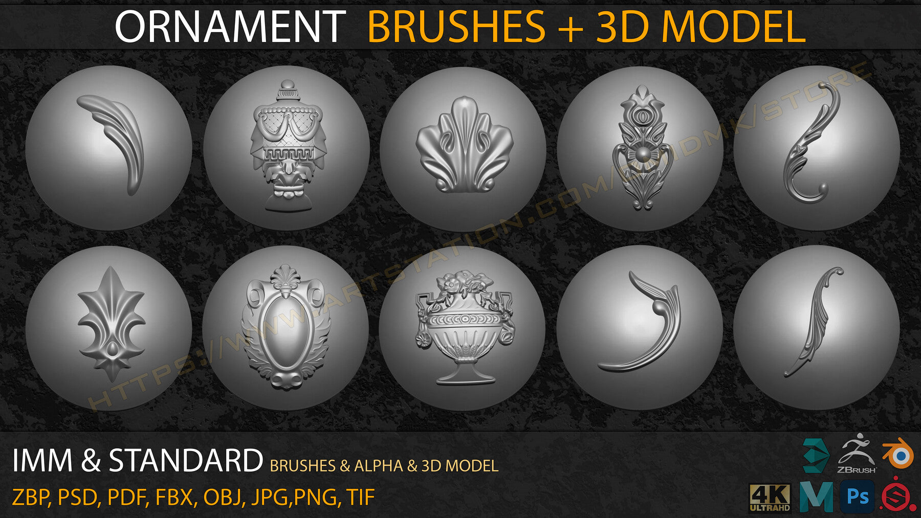 Ornament IMM & Standard Brushes+3D model+ Alpha 4K (V.04)