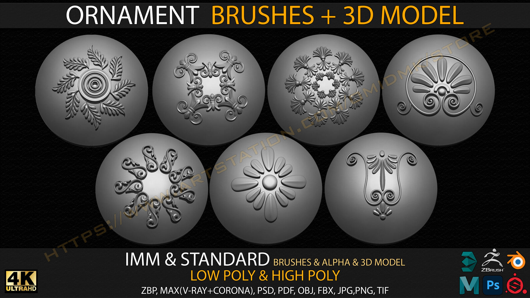 Ornament IMM & Standard Brushes+3D model+ Alpha 4K (V.02)