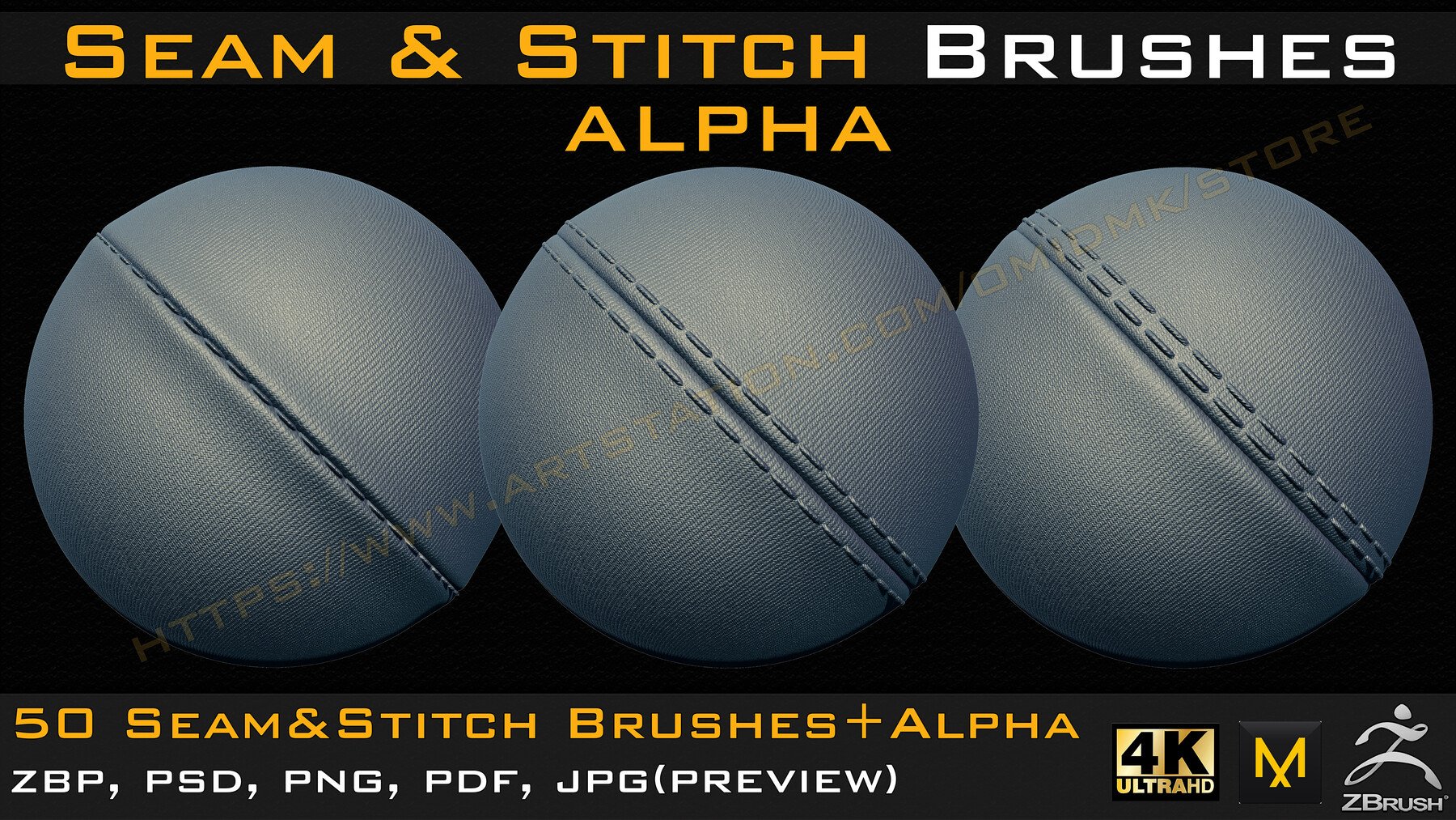 50 Seam & Stitch Brushes & Alpha (Tileable 4k-16bit) Vol.02