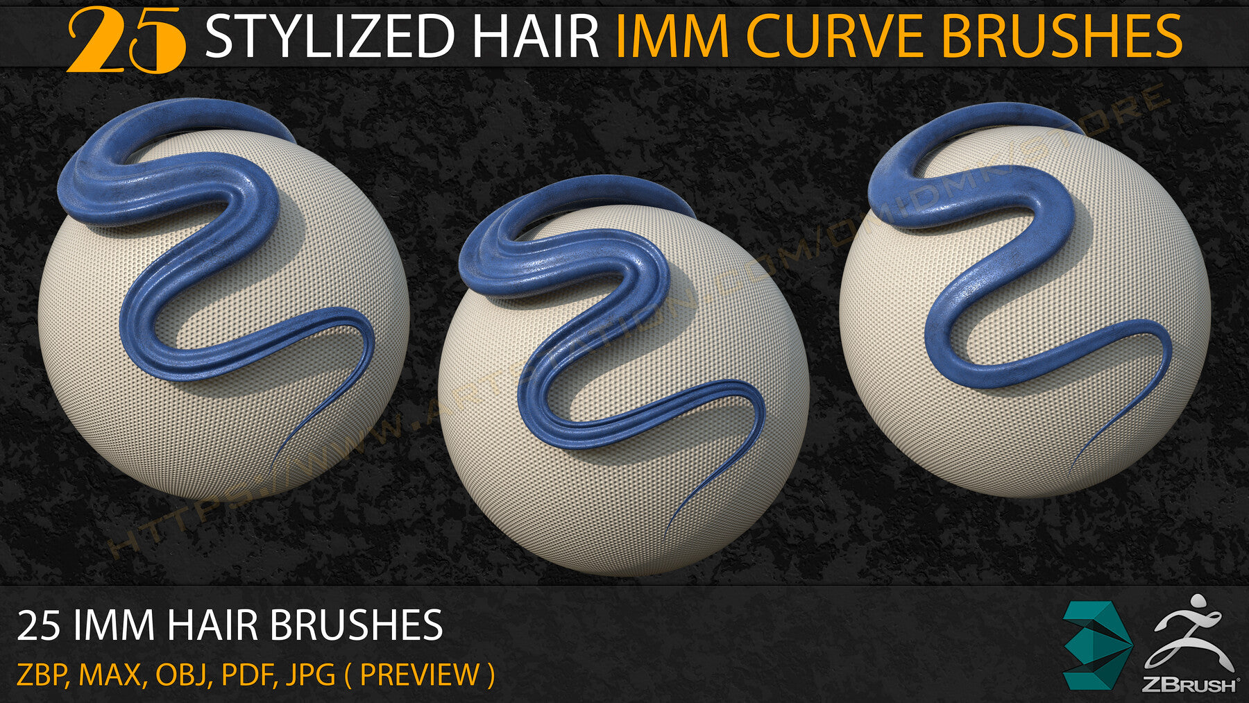 25 Stylized Hair IMM Curve Brushes+3ds Max and OBJ files ( Vol- 02)