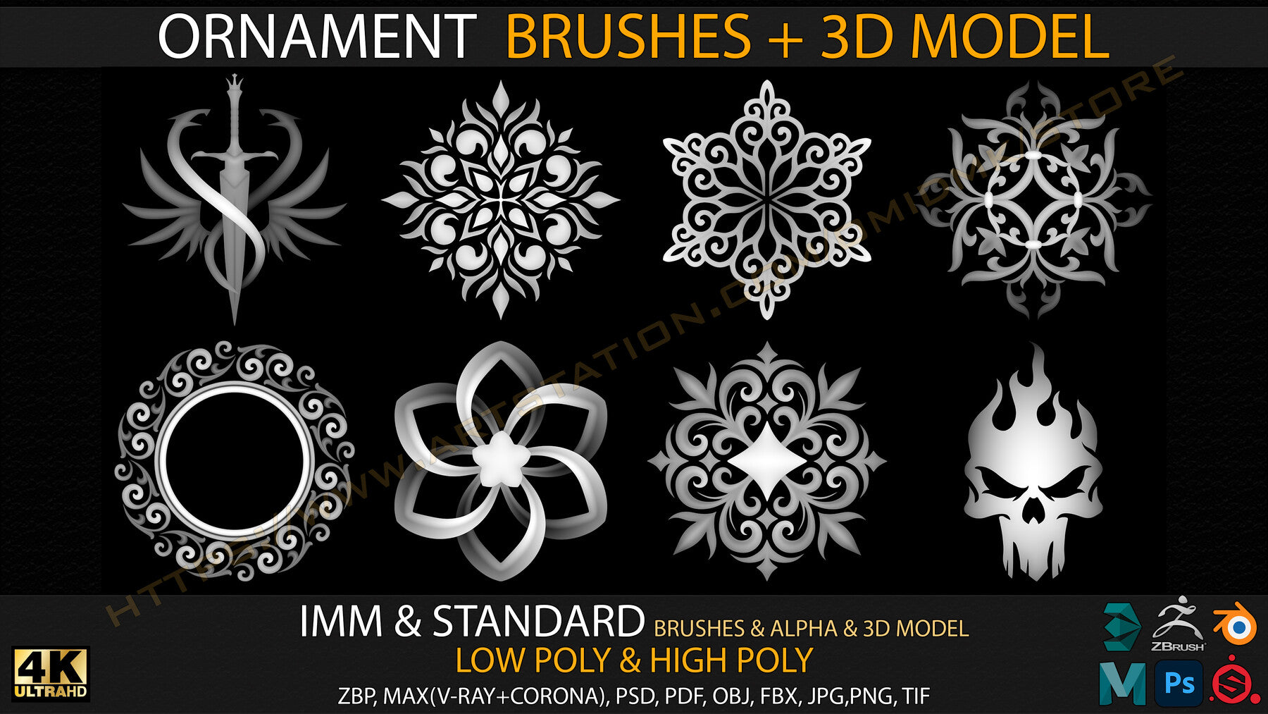 Ornament IMM & Standard Brushes+3D model+ Alpha 4K (V.02) – S3ART Store