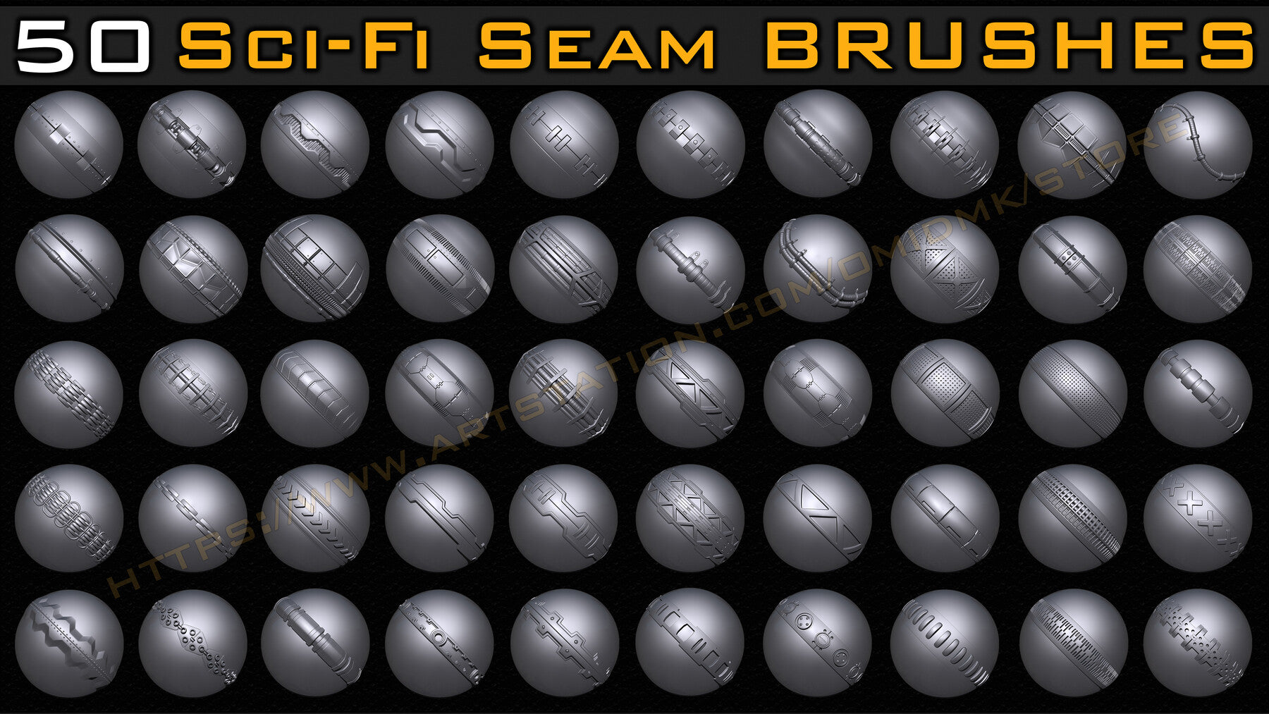 50 Sci-fi Seam Brushes+3D Model & Alpha ( Tileable 4k-16bit) Vol.02