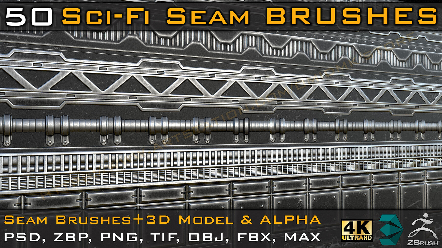 50 Sci-fi Seam Brushes+3D Model & Alpha ( Tileable 4k-16bit) Vol.02