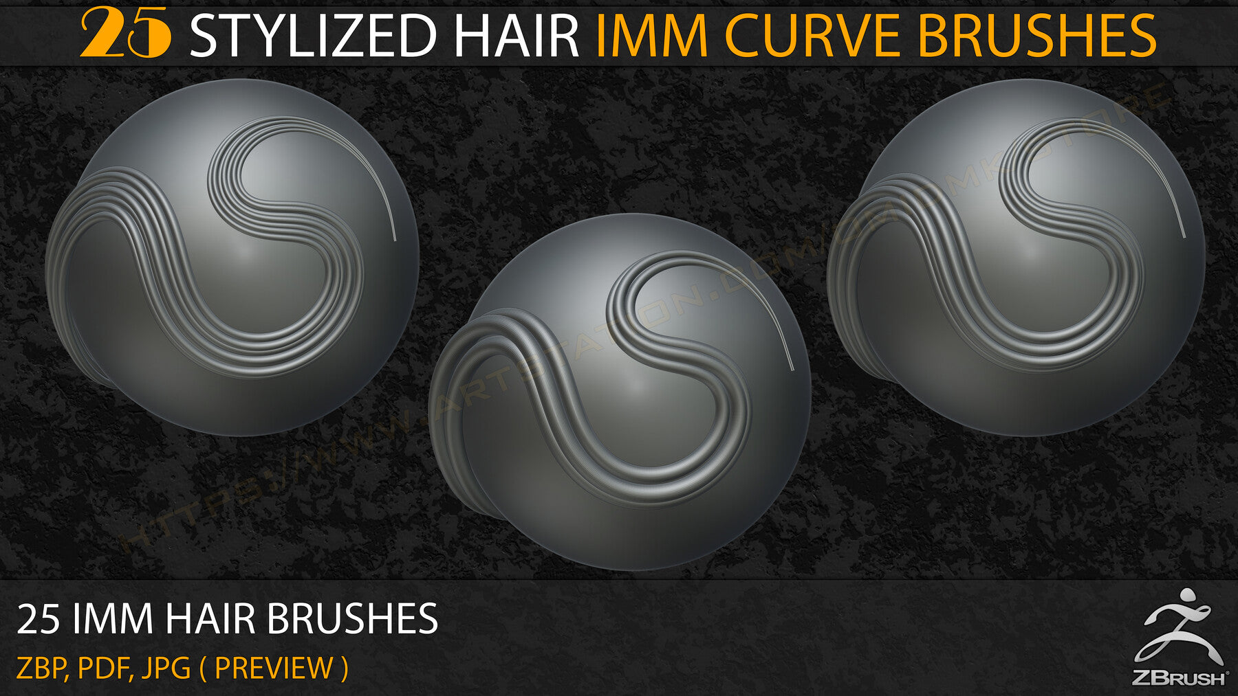 25 Stylized Hair IMM Curve Brushes ( V-01)