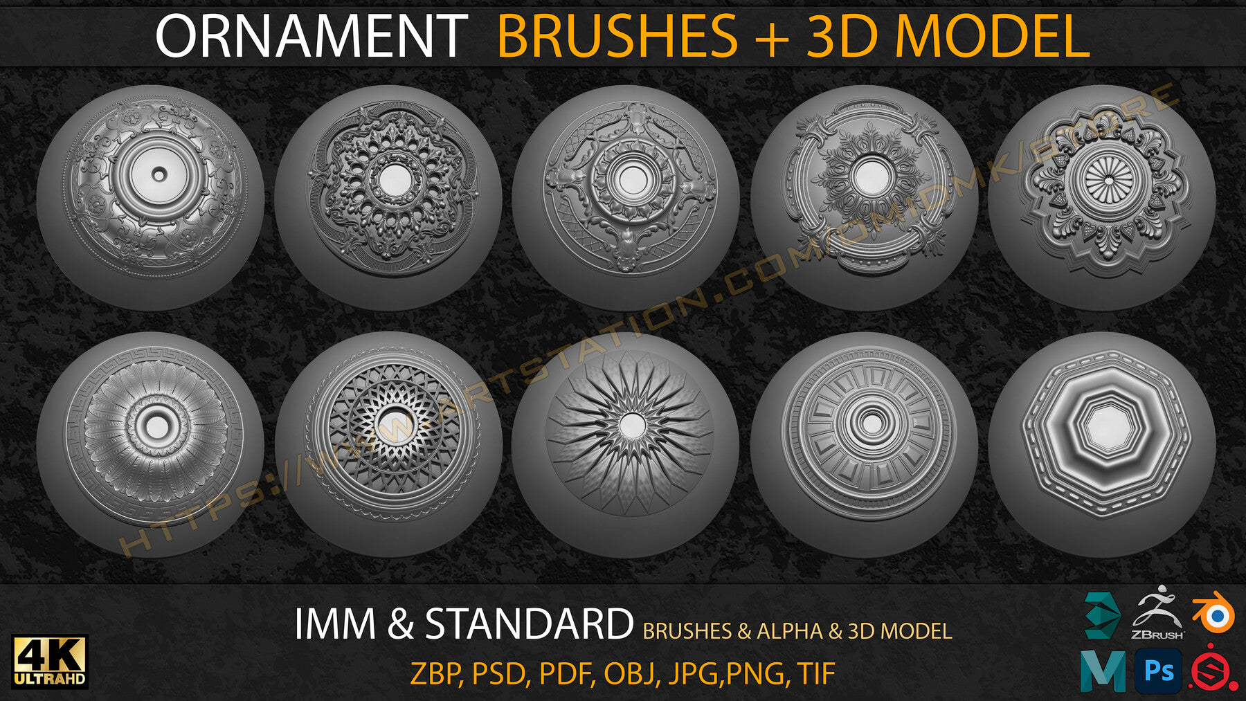 Ornament IMM & Standard Brushes+3D model+ Alpha 4K (V.03)