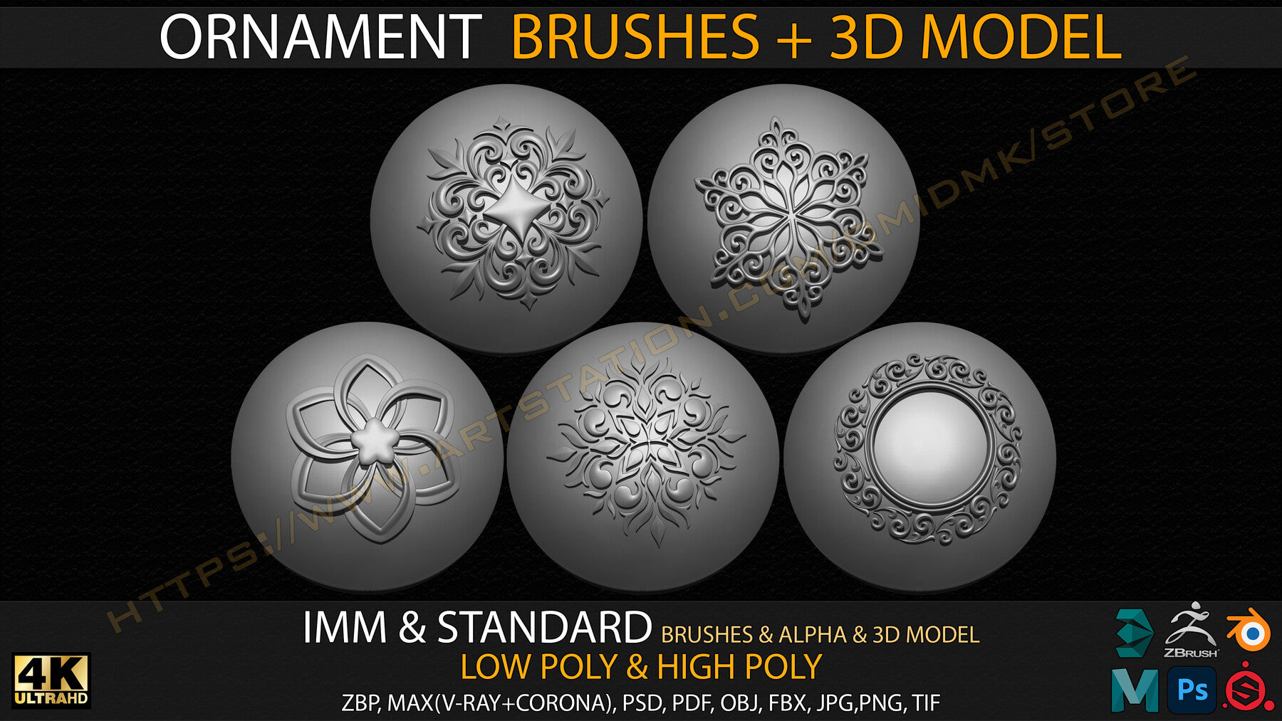 Ornament IMM & Standard Brushes+3D model+ Alpha 4K (V.02)