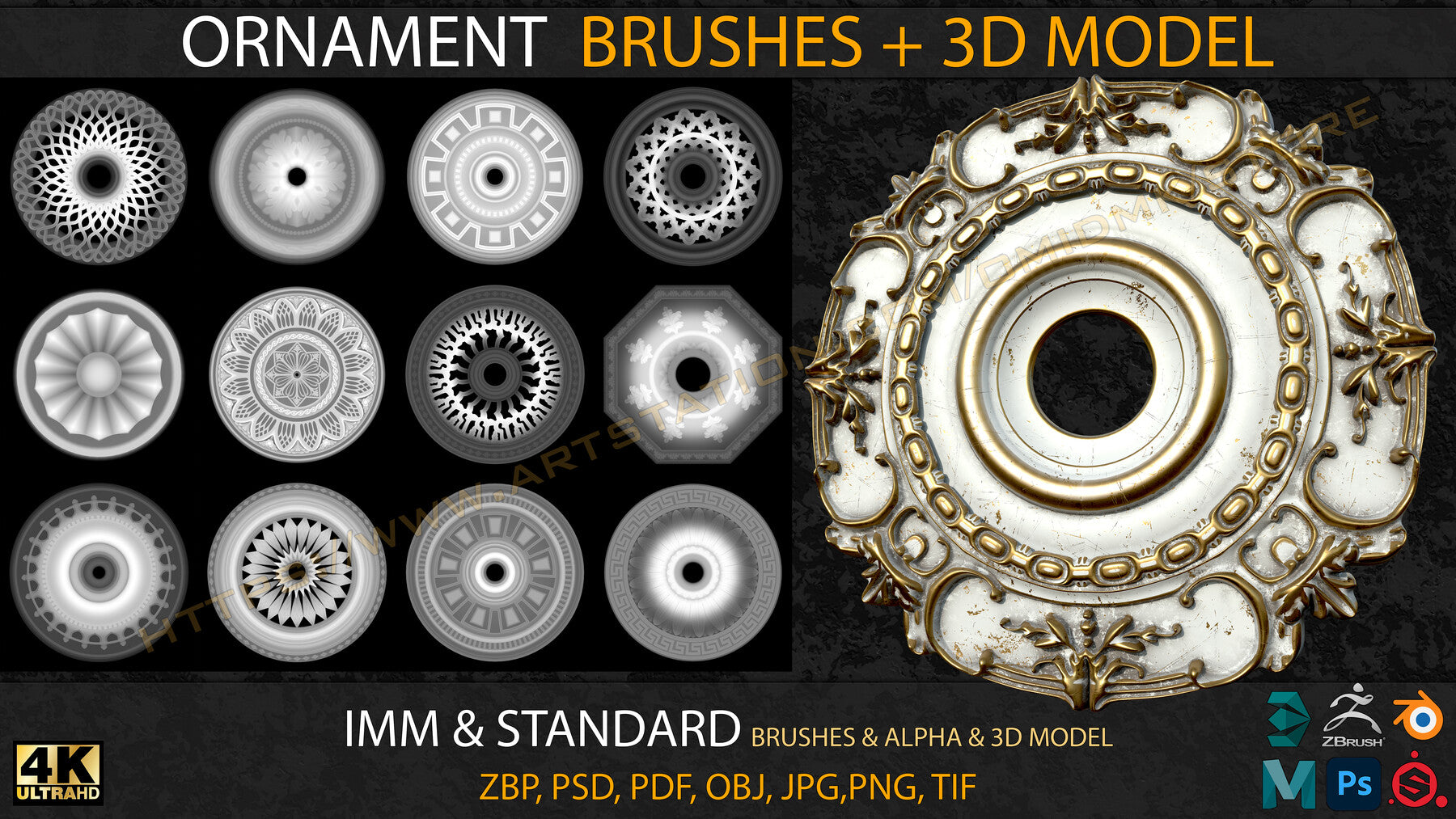 Ornament IMM & Standard Brushes+3D model+ Alpha 4K (V.03)