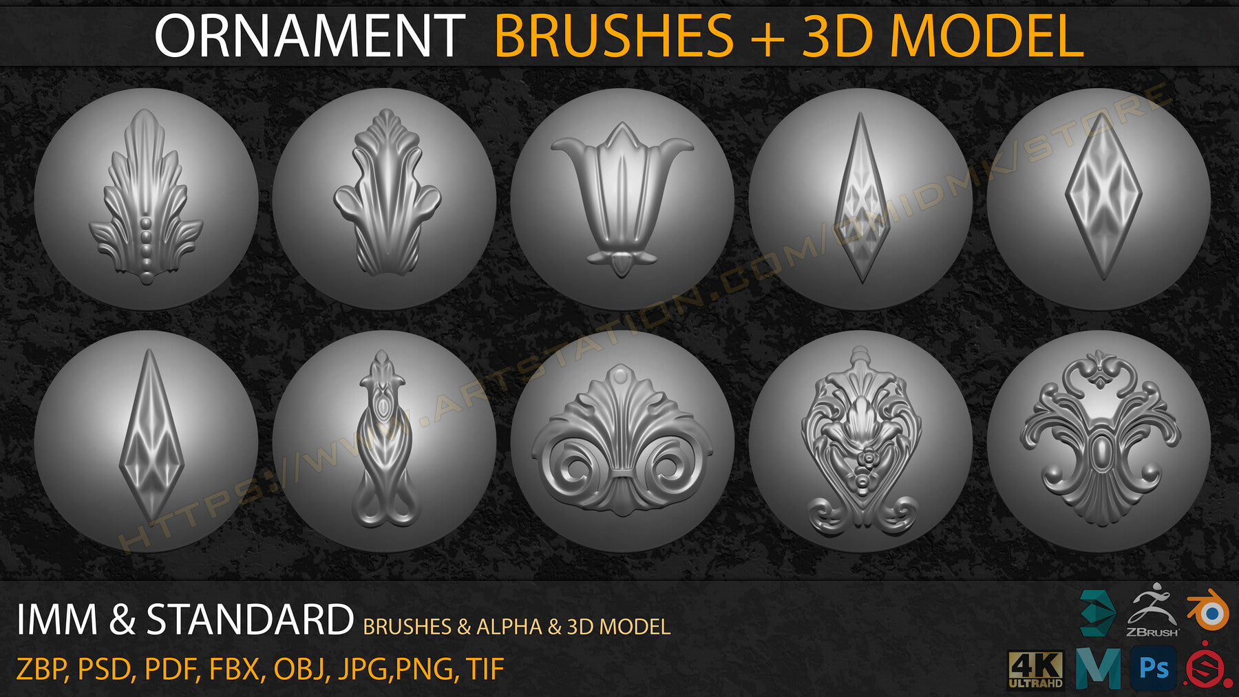 Ornament IMM & Standard Brushes+3D model+ Alpha 4K (V.04)