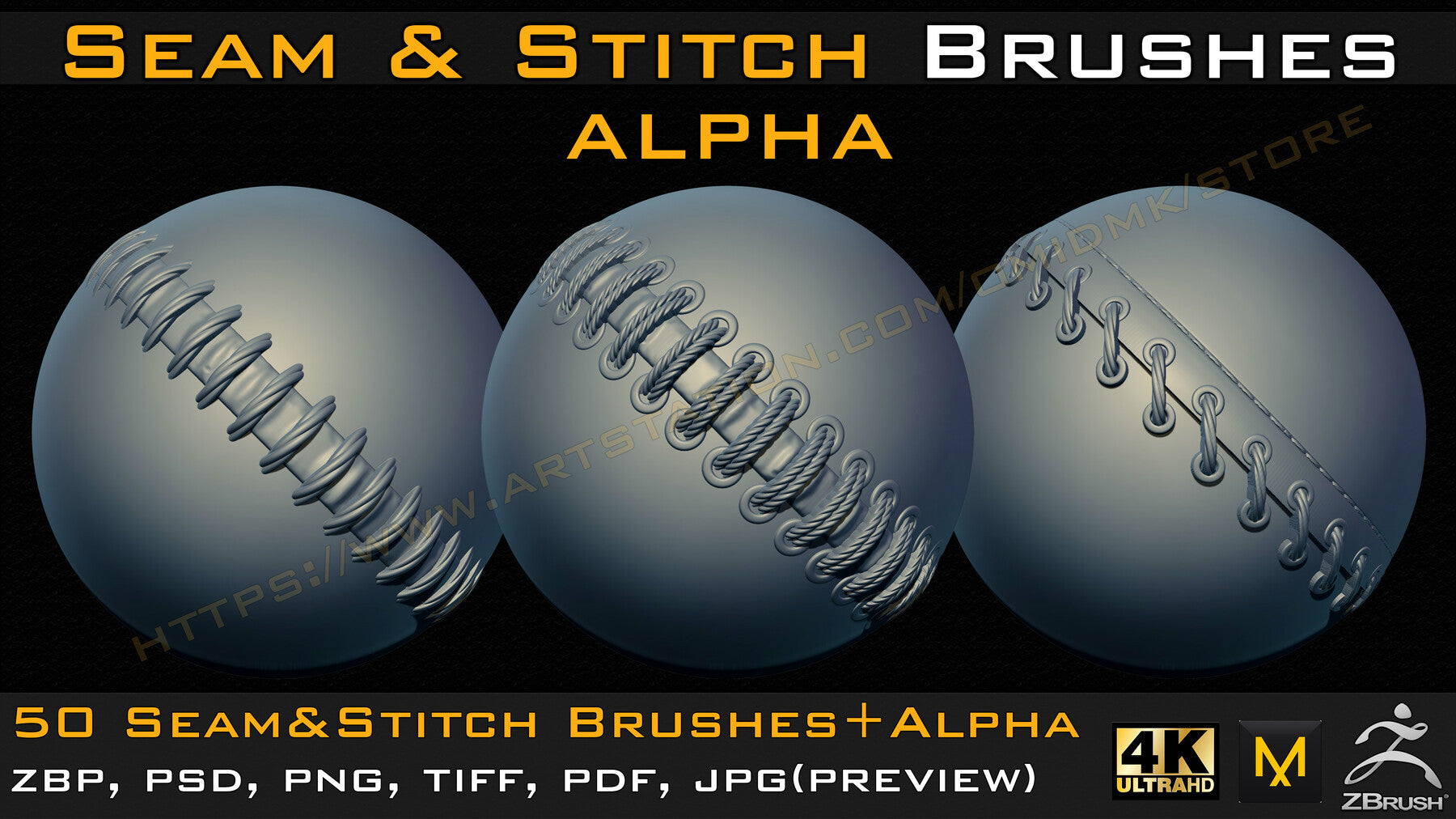 50 Seam & Stitch Brushes & Alpha (Tileable 4k-16bit) Vol.03