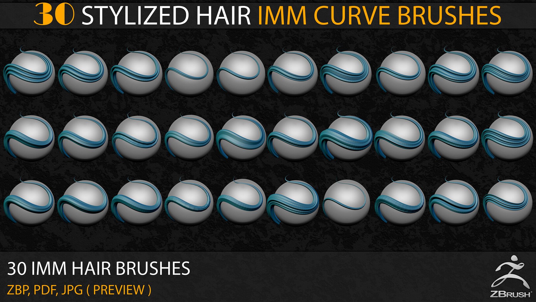 30 Stylized Hair IMM Curve Brushes Vol.3