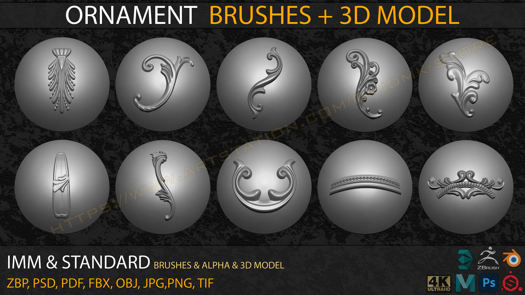 Ornament IMM & Standard Brushes+3D model+ Alpha 4K (V.04)